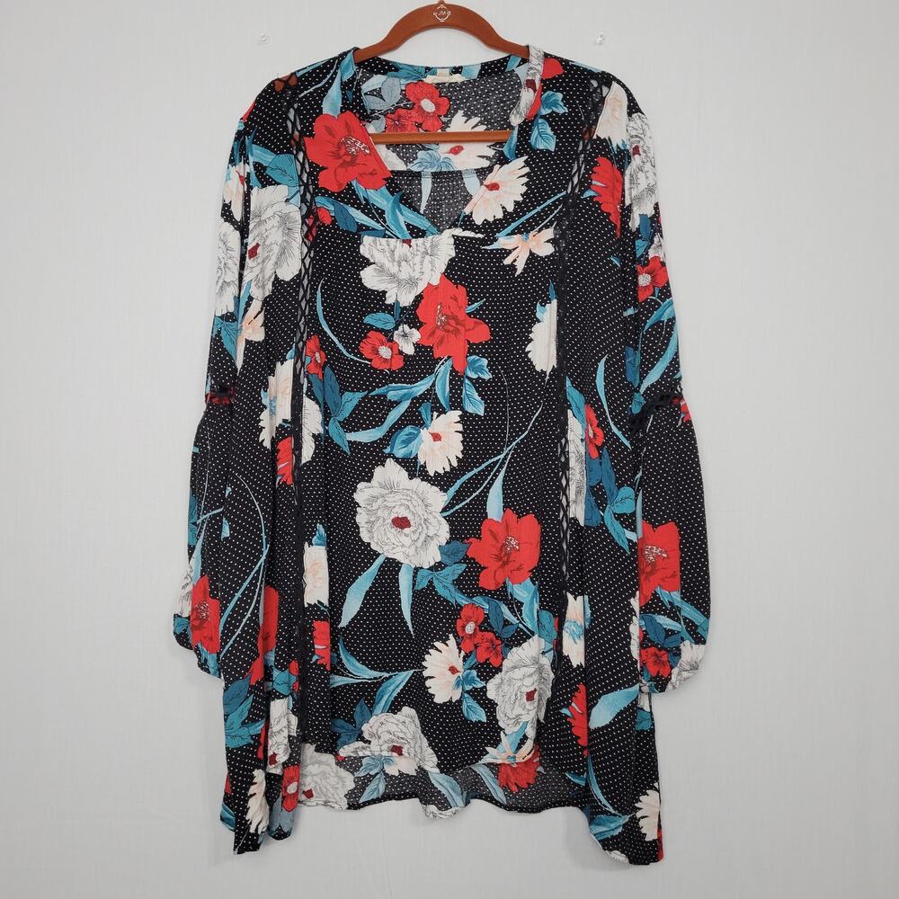 Oddy Long Sleeve Micro Dot Split Neck Tunic Top size 3XL Multicolor Floral Boho